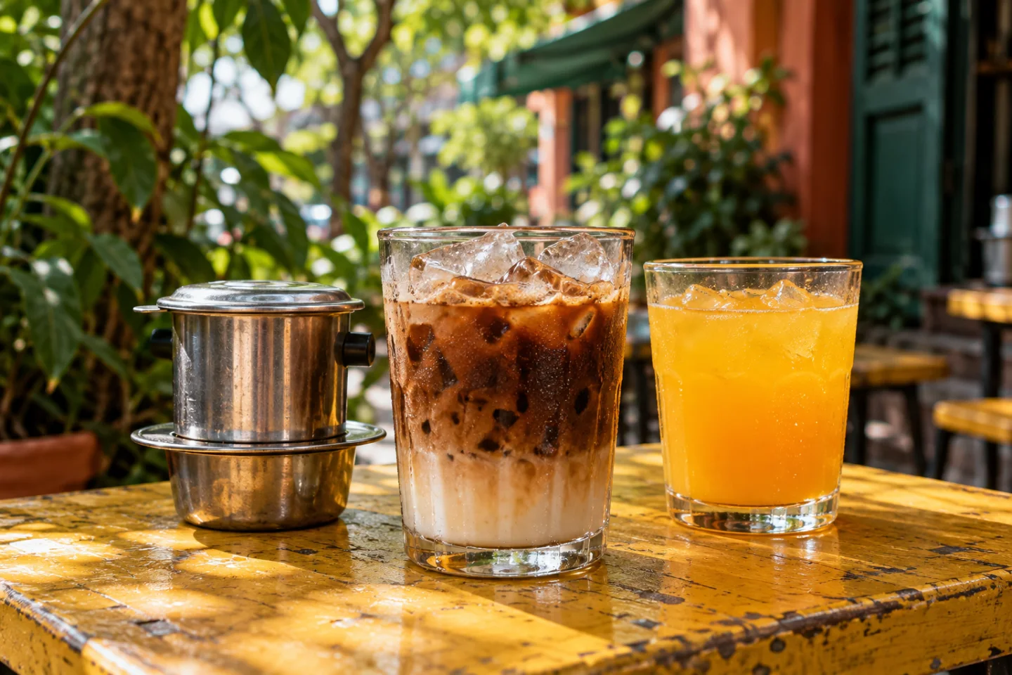 Illustrative iced Vietnamese milk coffee and orange juice on a yellow café table